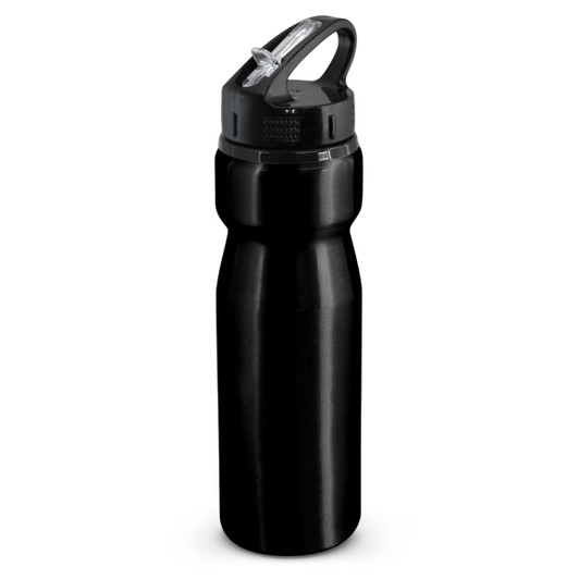 A drink bottle with a sleek black design and a flip cap at the top, featuring a handle for easy carrying.