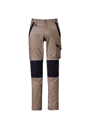 Men's work pants in tan and black, featuring pockets and a logo. Designed for durability and functionality.