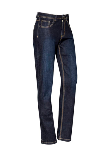 Womens stretch denim work jeans in dark blue with contrasting stitching, featuring a slim fit design.