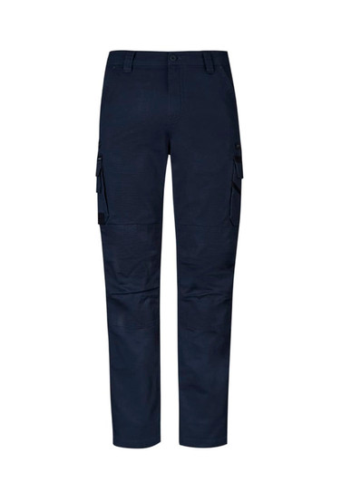 Navy work pants featuring multiple cargo pockets and a button closure. Includes a logo on the waistband.