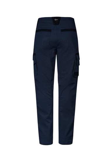 A pair of navy work pants featuring side pockets and a logo on the waistband.