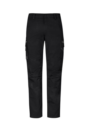 Black work pants featuring cargo pockets and a logo, designed for durability and comfort.