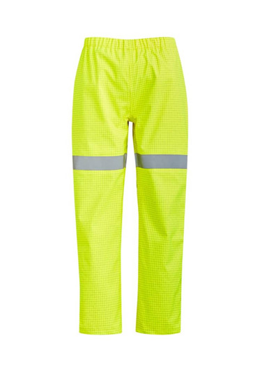 Bright yellow waterproof pants featuring reflective strips for visibility, designed for workwear applications.