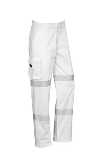 White work pants with reflective stripes and a side pocket, featuring a logo on the pocket.