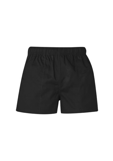 Mens rugby shorts in black, featuring an elastic waistband and a simple design. Includes branding logo.