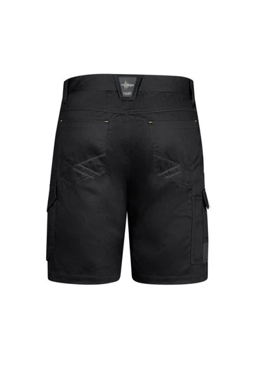 Black men's summer cargo shorts featuring side pockets and a logo on the waistband.