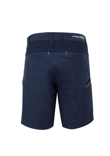 Men's navy work shorts featuring stretch fabric, multiple pockets, and a branded logo on the waistband.
