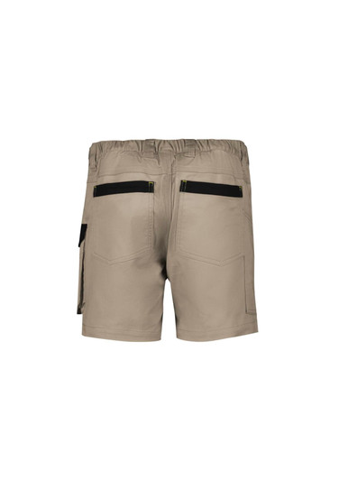 Rugged men's work shorts in beige with an elastic waistband and multiple pockets. Features branding on the back.
