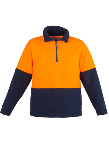 A unisex hi-vis pullover featuring an orange upper and navy lower section, with a half zip and long sleeves.