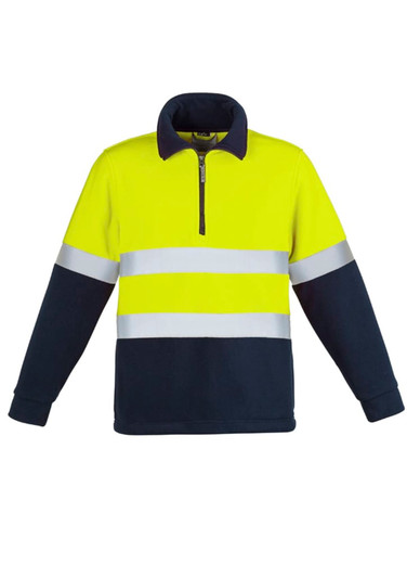 A unisex high-visibility polar fleece pullover in bright yellow with navy blue accents and reflective hoop taping.