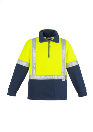 A unisex hi-vis polar fleece pullover in fluorescent yellow and navy, featuring reflective tape and a zippered neck.