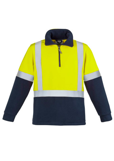 A hi-vis polar fleece pullover in bright yellow and navy, featuring reflective shoulder tape and a zip front.