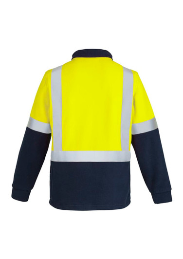 A polar fleece pullover in high visibility yellow and navy, featuring shoulder tape and a logo.