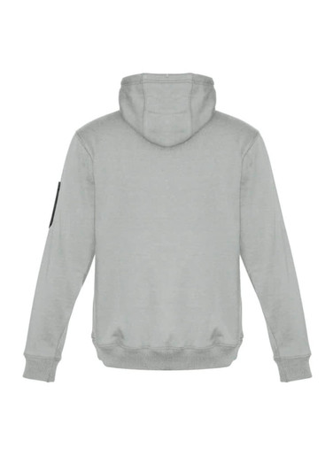 A grey unisex multi-pocket hoodie featuring a hood and a logo on one sleeve.