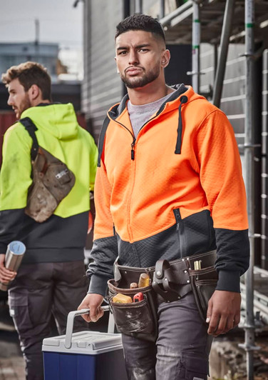 A vibrant orange and black unisex hoodie with a textured jacquard design, featuring a logo and pockets.