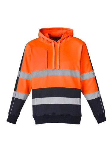 A bright orange and black unisex hoodie with reflective taped stripes and a hood, featuring a logo.