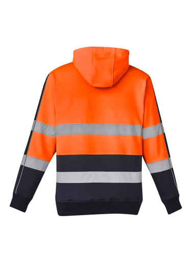 A unisex hi-vis stretch taped hoodie in bright orange and black, featuring reflective strips and a hood.
