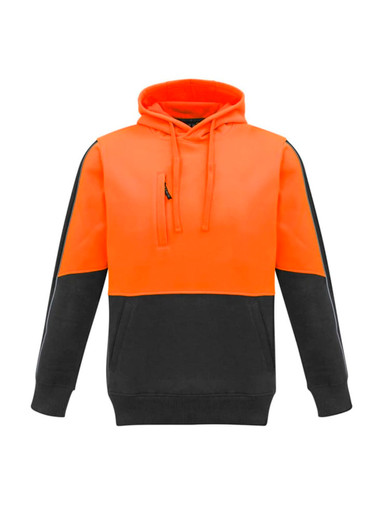 A unisex high visibility pullover hoodie featuring orange and black colours, designed for workwear. It has a logo.