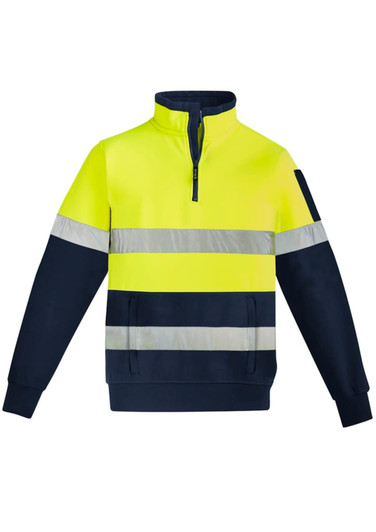 A unisex high visibility 1/4 zip pullover in fluorescent yellow and navy, featuring reflective hoop taping and a logo.