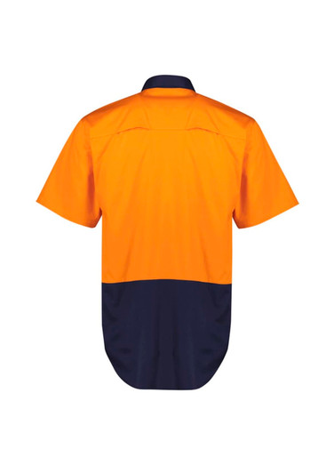A men's short sleeve shirt in hi-vis orange with a navy blue lower section, featuring a branding logo.