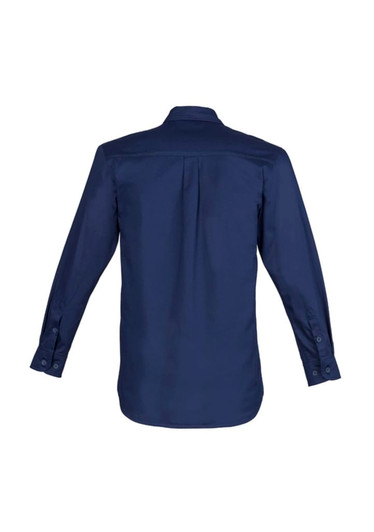 A navy blue lightweight long sleeve shirt with a button-up design and collar. Includes a logo on the chest.