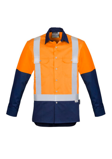 A long sleeve work shirt in bright orange and navy blue, featuring reflective tape and front pockets, with a logo.