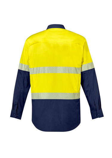 A long sleeve shirt in bright yellow and navy, featuring segmented reflective tape and a logo.