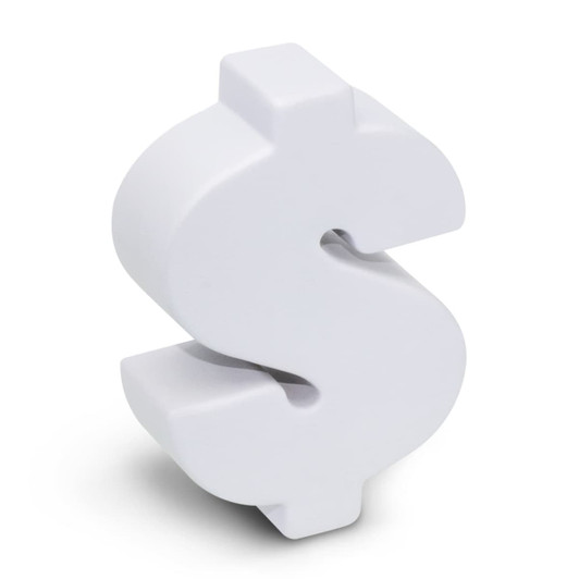 A white stress toy in the shape of a dollar sign.