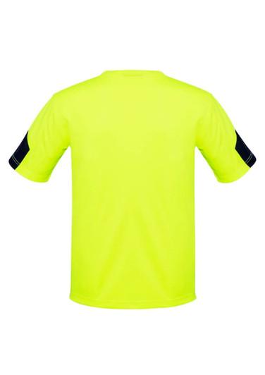 A bright yellow men's T-shirt with black accents on the sleeves, featuring a logo.