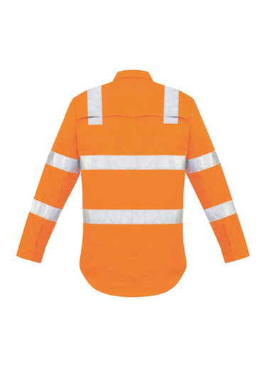 An orange long sleeve work shirt with reflective stripes across the back and arms, featuring a branding logo.
