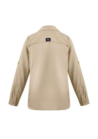 A beige women's outdoor long sleeve button-up shirt with a logo on the back.