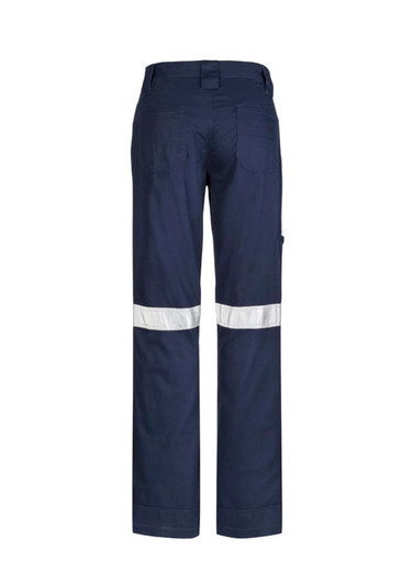 Navy work pants featuring reflective tape strips and pockets, designed for utility and functionality.