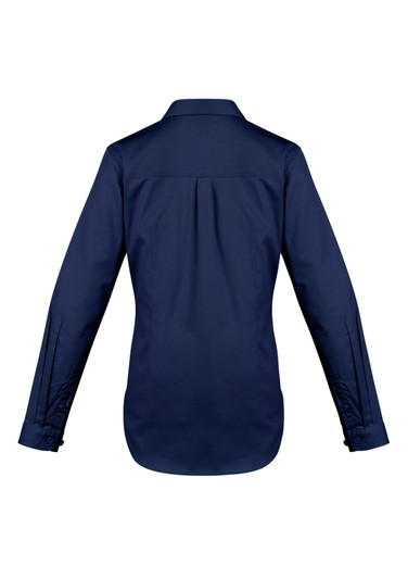 A women's long sleeve shirt in navy blue, featuring a structured design and a back pleat. It has brand logos.