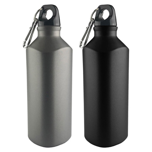 A drink bottle set featuring one silver and one black bottle, both with a detachable carabiner and logo.