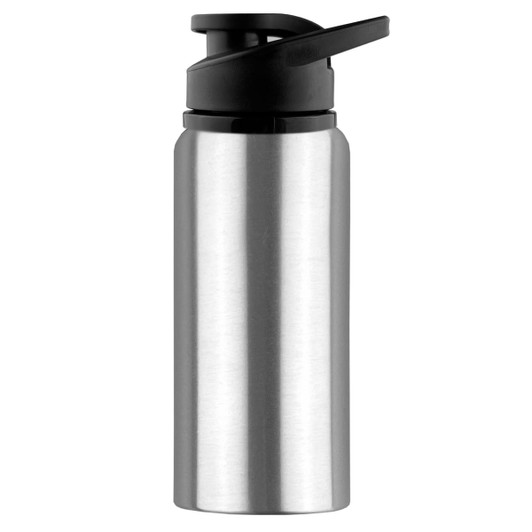 A drink bottle in silver stainless steel with a black spout and lid, featuring a logo.