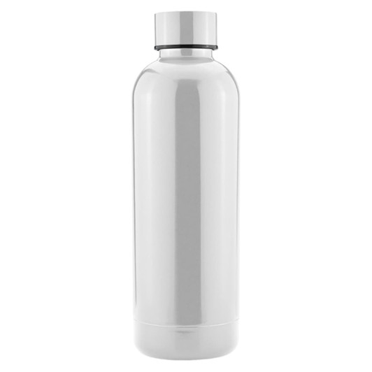 A drink bottle in sleek white with a stainless steel cap and a smooth, reflective finish. It features a logo.