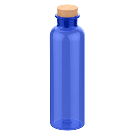 A drink bottle in a vibrant blue colour with a cork stopper and a simple design. It features a logo.