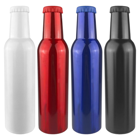 A drink bottle set featuring four colours: white, red, blue, and black, with each bottle having a capped top and a sleek design.