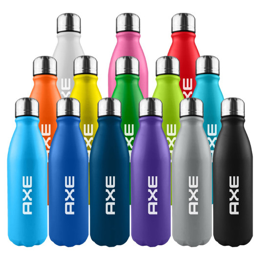 A drink bottle featuring a shiny aluminium body with various colours, including blue, pink, green, and black, and a silver lid.