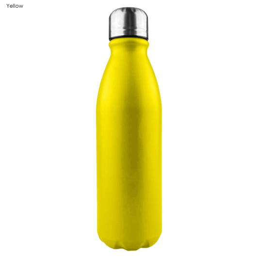 A drink bottle in vibrant yellow with a shiny stainless steel lid and a smooth, single-wall finish. It features a logo.