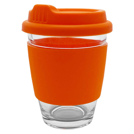 A glass coffee cup with an orange silicone sleeve and lid, featuring a curved shape and a logo.