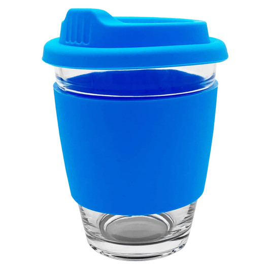 A glass coffee cup with a blue silicone sleeve and lid, featuring a logo. Ideal for reusable drinkware.