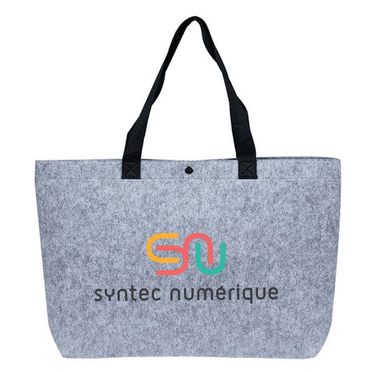 A grey felt tote bag featuring black handles and a logo on the front.