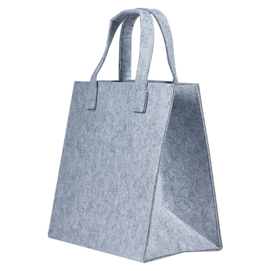 A grey felt tote bag with two sturdy handles and a spacious design. Features a logo.