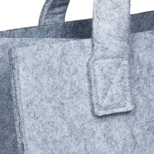 A grey felt tote bag with sturdy handles, featuring a simple design and visible stitching. It has a logo on the side.