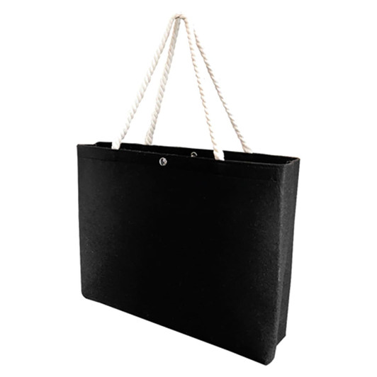 A black felt tote bag with rope handles and a structured design, featuring a branding logo.