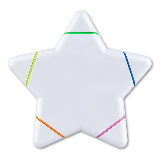 A star-shaped highlighter with sections in green, blue, orange, and pink. The body is white and features a logo.