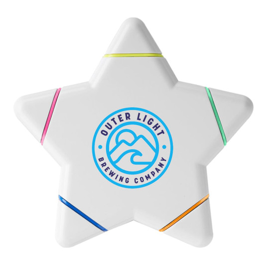 A star-shaped highlighter in white with coloured ends—pink, orange, yellow, and green. The product features a logo.