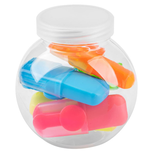 A clear jar containing brightly coloured highlighters in blue, pink, orange, and yellow, with a white lid.