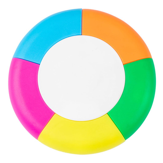 A circular highlighter with five segments in blue, orange, pink, green, and yellow, featuring a white centre and a logo.